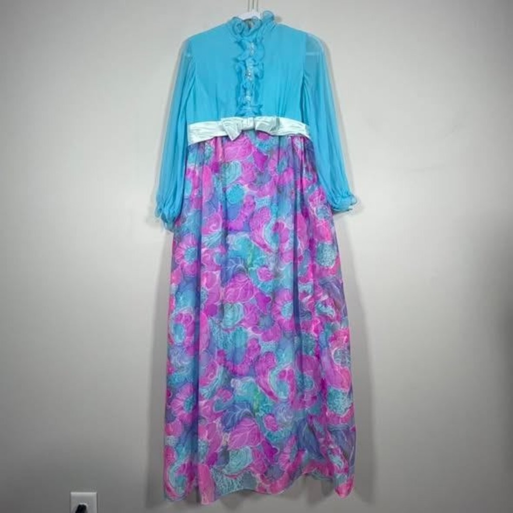 VTG 1960s Floral Chiffon Maxi Dress‎ Womens Medium Blue Pink Buttons Ruffles